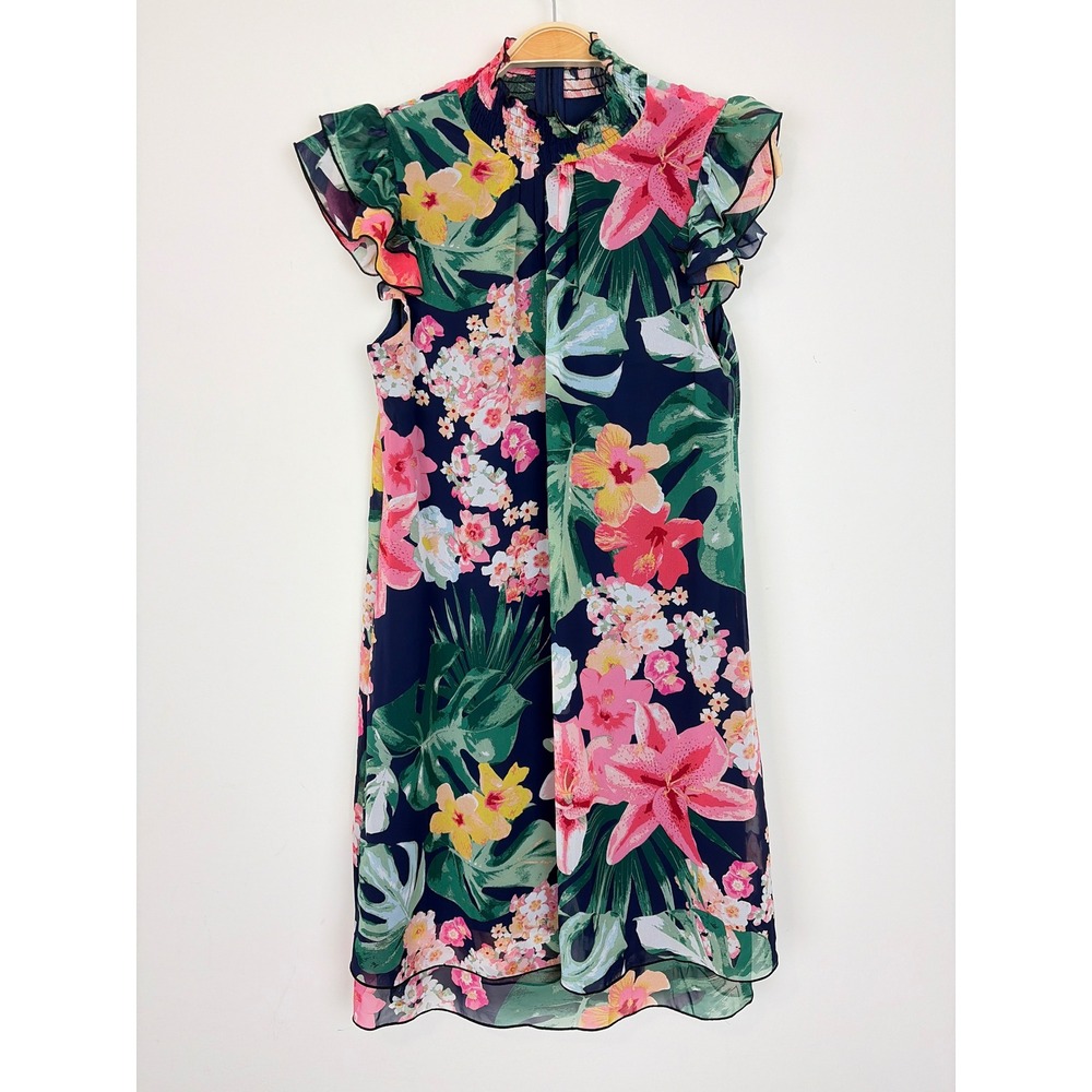 Eliza J Tropical Floral Mock Neck Chiffon Mini Dress Navy Sz 8 Resort Guest
